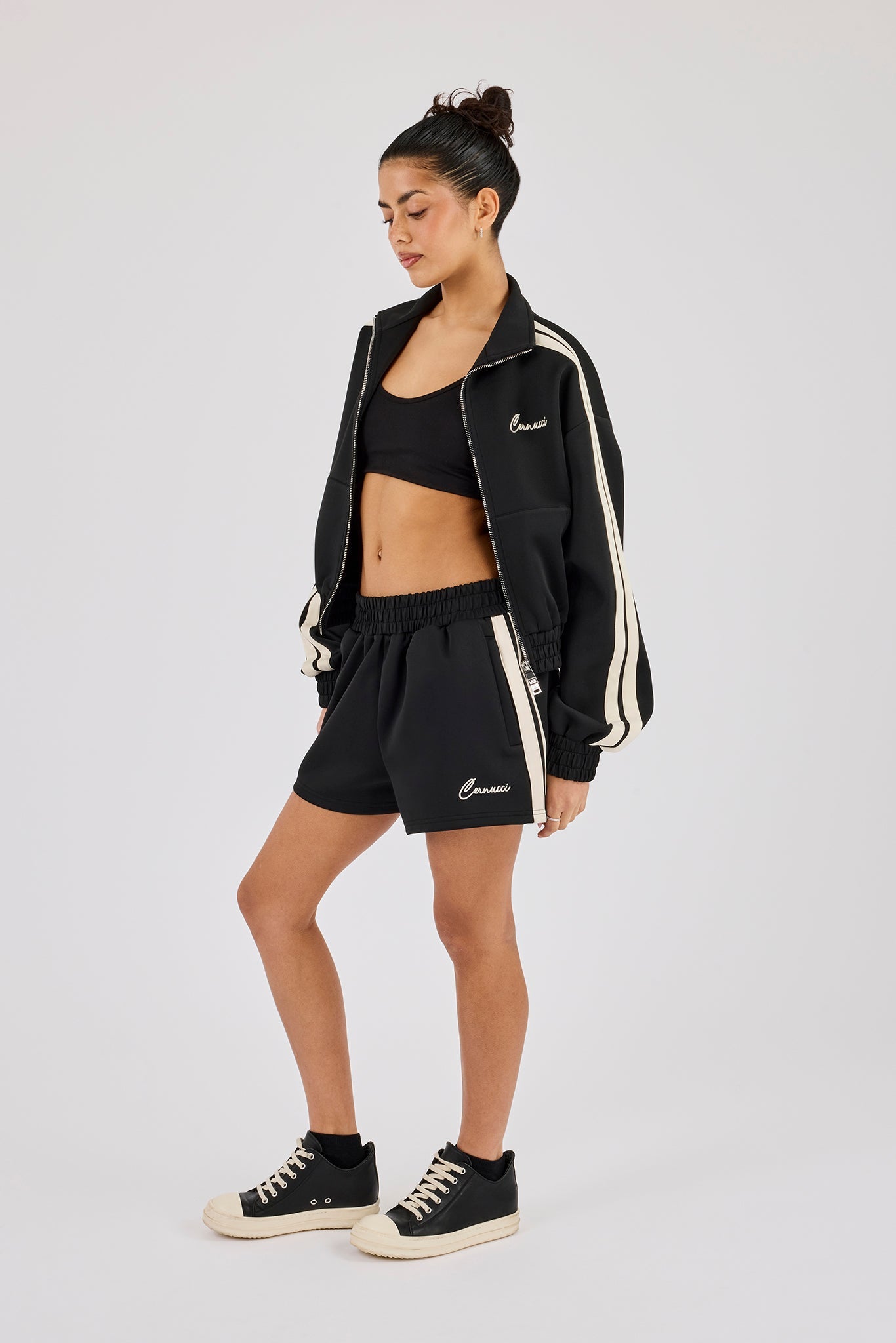 Cropped Taping Funnel Neck Track Jacket & Short - Black